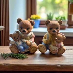 HOMCO 1444 Porcelain Teddy Bear Family Mom w/Boy, Dad w/girl 4"H